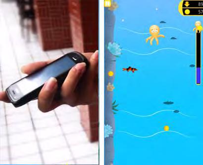Gambar 6 merupakan tampilan permainan di game ini. Gambar 6 sebelah kiri adalah gambar permainan berlangsung. Akan ada ikan dan musuh yang muncul secara acak di permainan.