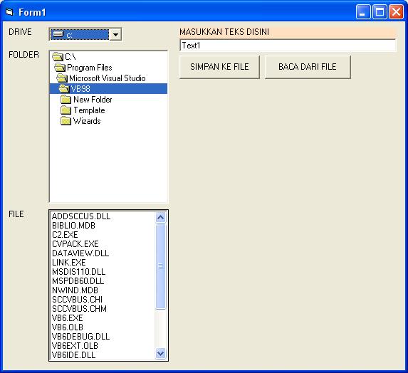 Keterangan setiap komponen File: DriveListBox adalah komponen yang dapat menampilkan semua drive yang ada di MyComputer.