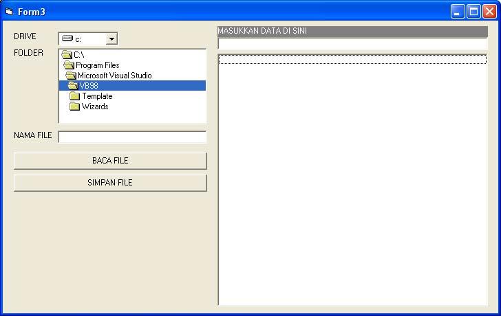 Latihan Update File Buat tampilan sebagai berikut dengan menggunakan komponen komponen TextBox untuk masukan data, listbox untuk menampilkan semua data, drivelistbox untuk menampilkan dan