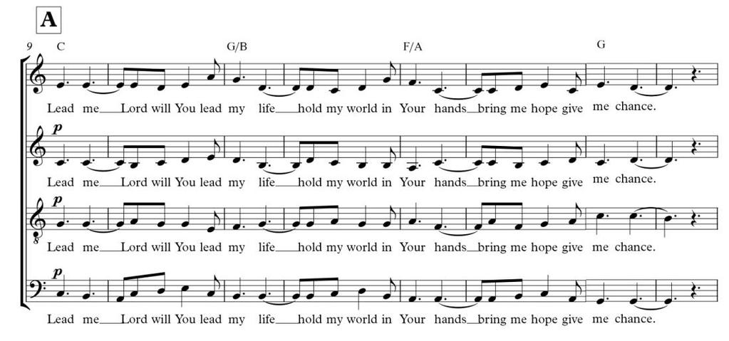 Gambar 3.7 cantus firmus pada sopran Bagian B pada birama 28/4-44 masih menggunakan tangga nada C mayor. Bagian B dinamika berubah menjadi forte (keras), memberi arti sebuah penegasan.