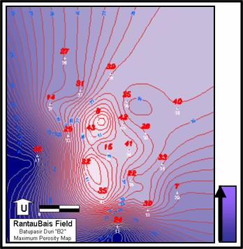 Gambar IV. 6. Peta porositas rata-rata reservoir batupasir Duri B2 di lapangan RantauBais bagian utara, menunjukkan pola penyebaran yang berada di bagian tengah lapangan.