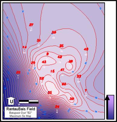 Gambar IV. 9. Peta saturasi minyak maksimum reservoir batupasir Duri B2 di lapangan RantauBais bagian utara. Pola penyebaran dipengaruhi oleh pola struktur dari batupasir Duri B2. IV.3.