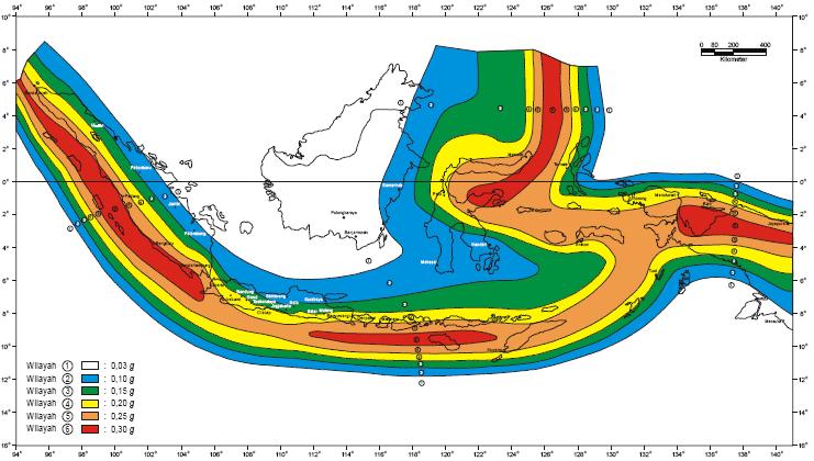 Gambar 3.2. Wilayah Gempa Indonesia dengan percepatan puncak batuan dasar dengan perioda ulang 500 tahun (SNI 03-1726-2002) 3.