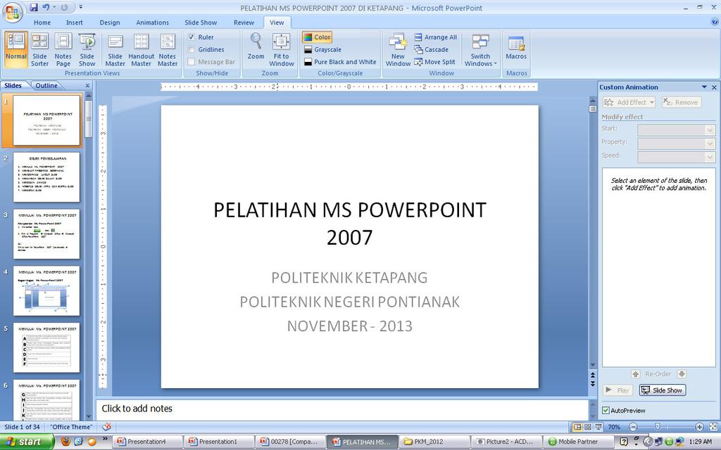 LATIHAN 1 Membuat Presentasi Sederhana 1. Jalankan Aplikasi Microsoft Power Point 2007 2. KliklangsungpadaClick to add title, dantuliskan: PELATIHAN MS POWERPOINT 2007 3.