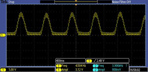 Seminar Tugas Akhir Juni 07 sudah melewati rangkaian high pass filter dan melewati kapasitor c. Menguji Penguatan Pertama C4 uf R7 68K C 00nF R R 6K8 680K J J4 TP TP Gambar.9. Filter pertama Gambar.0. output pengutan pertama Amplitudo = 00 mv Dengan amplitudo yang masih susah di baca oleh ADC + - 8 4 UA LM58 Amplitudo : x = V Output sinyal pada penguatan ke- sebesar Vpp.