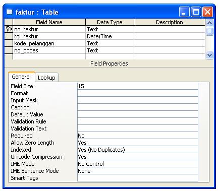 4.2.7 Tabel Faktur Pembuatan Tabel Faktur dimaksudkan sebagai media untuk menyimpan data yang berkaitan dengan data Faktur Penjualan yang masuk kedalam aplikasi ini.