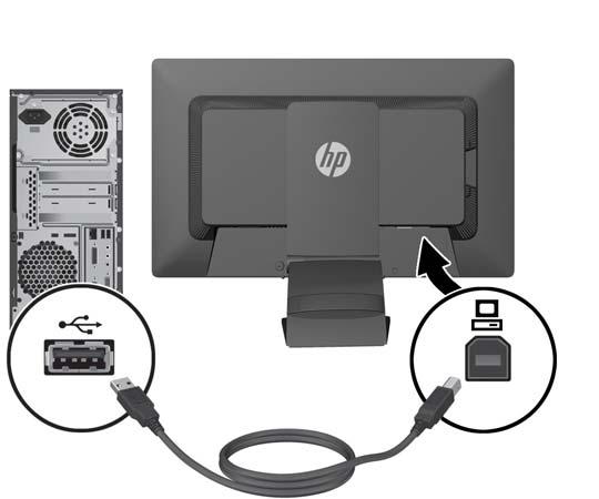 4. Hubungkan satu ujung kabel USB yang tersedia ke konektor hub USB pada panel belakang komputer, dan ujung lainnya ke konektor hulu USB pada monitor. 5.