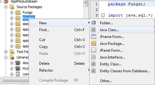 Package Koneksi Buat class baru pada package Fungsi.