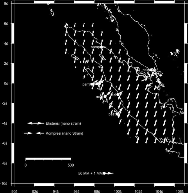 sampai akhir tahun 2008 Dalam penelitian ini, untuk memperkirakan akumulasi regangan, pulau Sumatera dibagi menjadi tiga