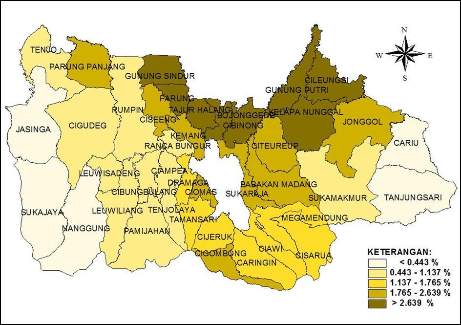 Gambar 3.2. Peta Pertumbuhan Penduduk Kabupaten Bogor Tahun 2014-2015 Sumber : Indikator Ekonomi Daerah Kabupaten Bogor Tahun 2014-2015 D.