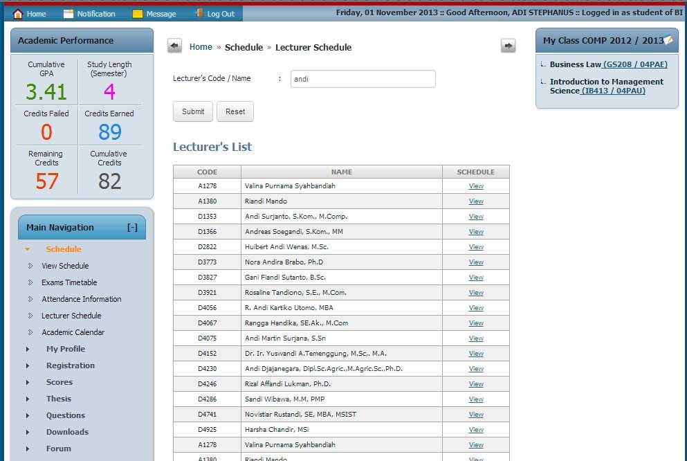 Lecturer Schedule Pada menu lecturer schedule, mahasiswa dapat melihat jadwal