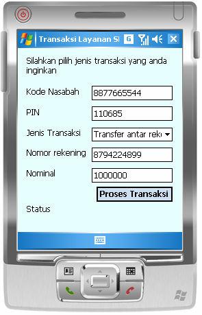 V-6 Gambar V-2 Screenshot implementasi antarmuka transaksi layanan SMS-Banking Tabel V-3 Deskripsi objek antarmuka transaksi layanan SMS-Banking No Nama Kelas Nama Objek Keterangan Antarmuka 1