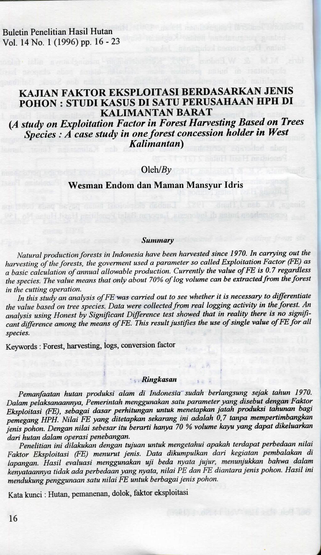 Buletin Penelitian Hasil Hutan Vol. 14 No. 1 (1996) pp.