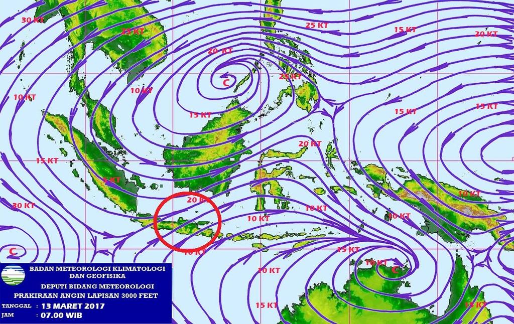 5 Angin Streamline Dari peta streamline, pola angin dengan ketinggian 3000 feet menunjukkan diatas terlihat adanya pola konvergensi pertemuan massa udara dari samudera Pasifik karena adanya daerah