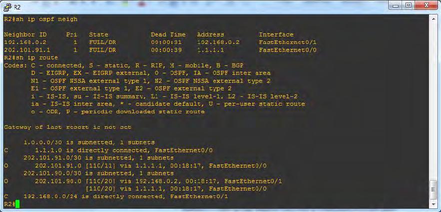 Pada gambar 5.1 terlihat status OSPF dan tabel routing pada ROUTER MAIN.