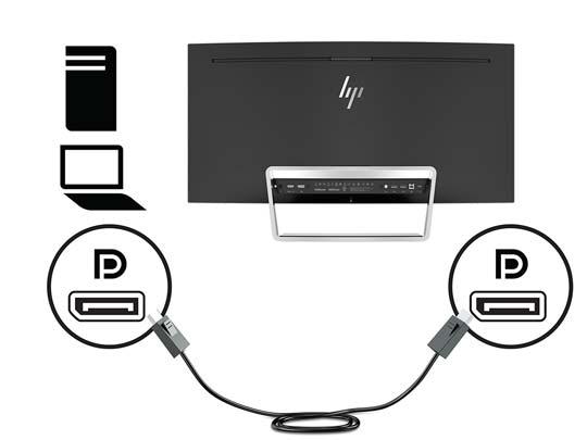 Hubungkan satu ujung kabel DisplayPort ke DisplayPort di bagian belakang monitor dan ujung lainnya ke DisplayPort pada perangkat sumber. 3.