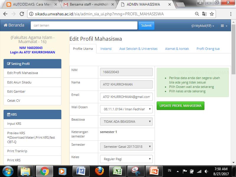 Mahasiswa merubah profil dan akun sikadu. Klik menu edit profil sehingga tampilan akan seperti pada gambar dibawah ini.