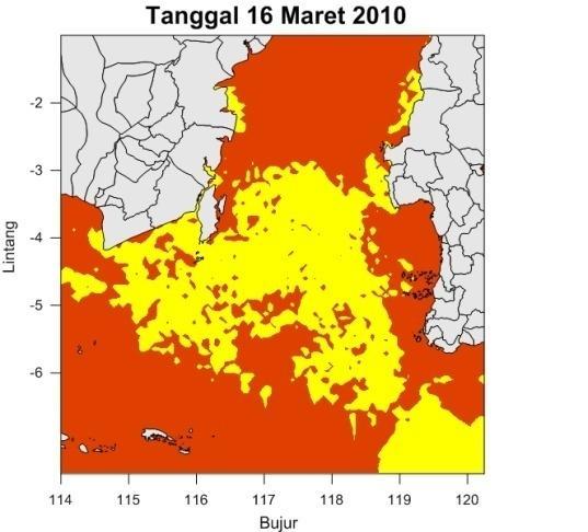 24 Secara spasial terlihat bahwa pola penyebaran SPL di bagian selatan Perairan Selat Makassar pada bulan Desember-Februari (Musim Barat) memperlihatkan penyebaran suhu yang relatif tinggi yaitu