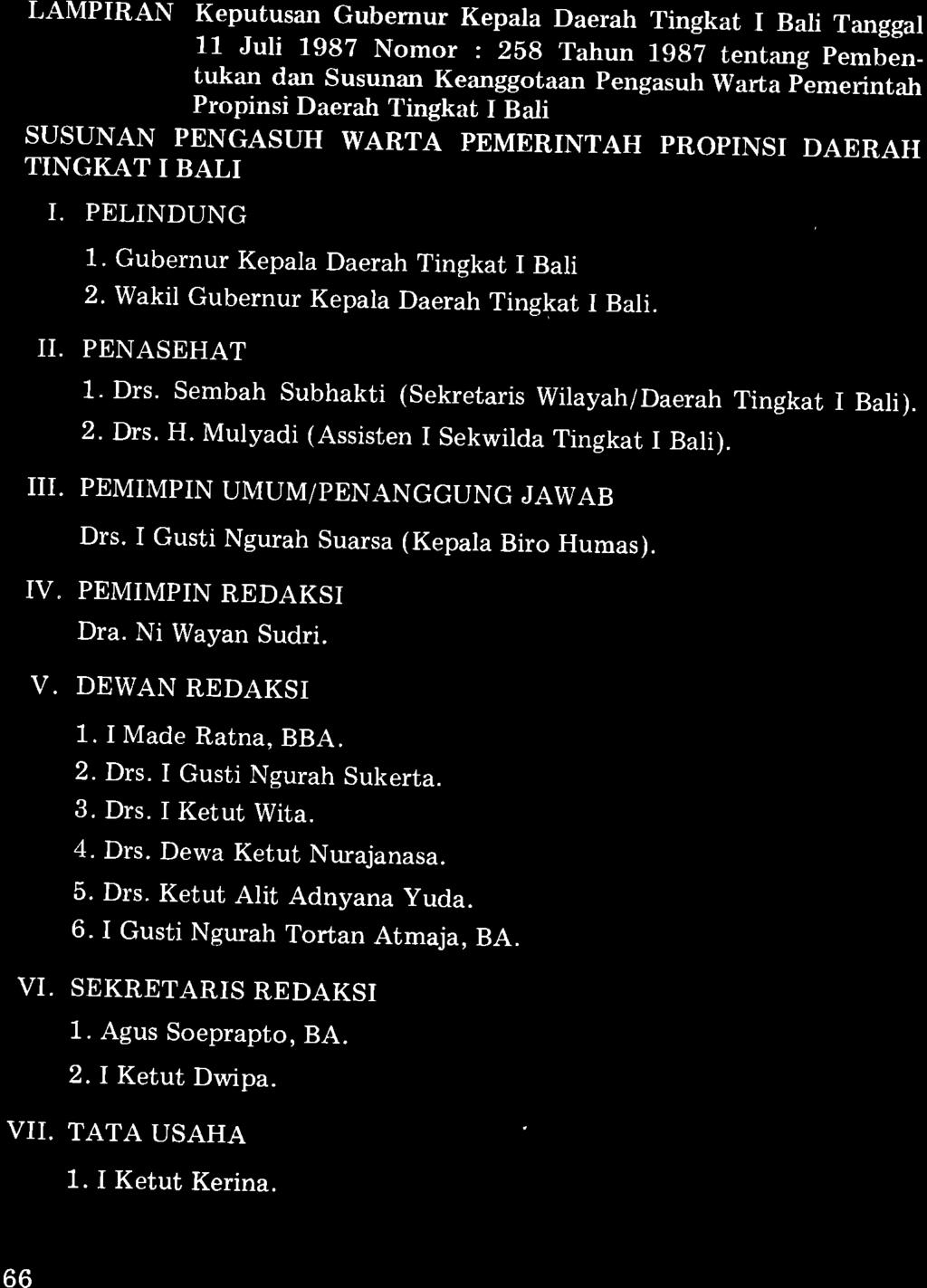 LAMPIRAN Keputusan Gubernur Kepala Daerah Tingkat I Bali Tanggal 11 Juli 1982 Nomor : 2bg Tahun 19gz tentang pembentukan dan susunan Keanggotaan pengasuh warta plmerintah Propinsi Daerah Tingkat I
