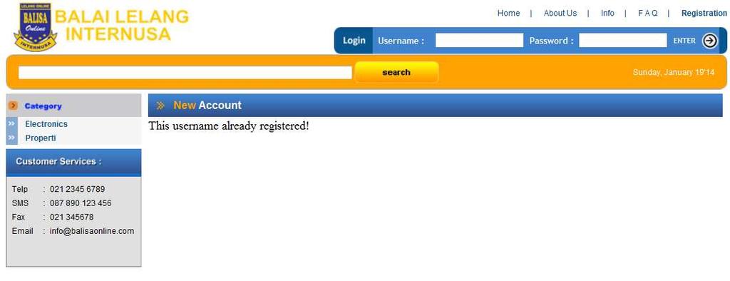 Pada halaman ini merupakan tampilan pesan kesalahan registration jika user memasukkan username yang sebelumnya sudah terdaftar.