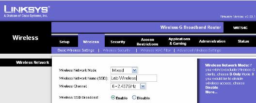 Contoh Basic Wireless Security pada AP Wireless Network Mode : Mixed (default Access Point yang akan support pada standard 802.11b dan 82.