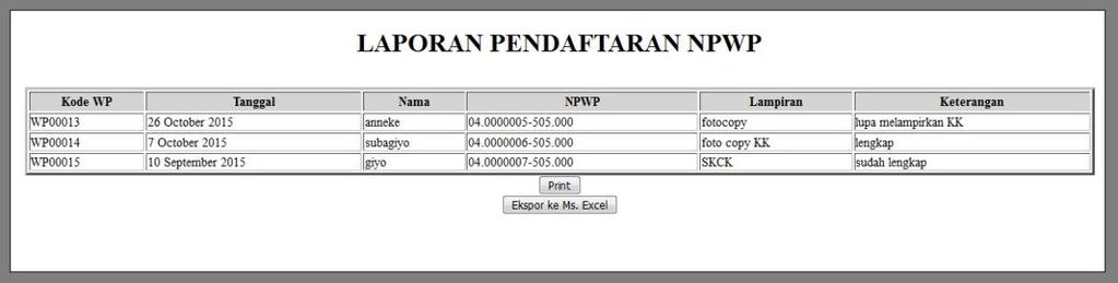 Kartu npwp ini merupakan hasil akhir dari proses pendaftaran wajib pajak. i) Tampilan Laporan Data Wajib Pajak Gambar 4.