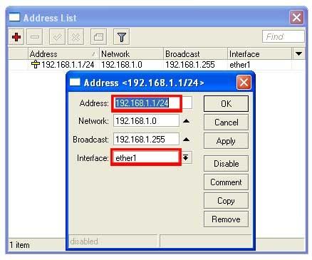 Gateway : 192.168.1.1 Set IP Address Interface Mikrotik (IP > Address) 3. Konfigurasi IP address mikrotik dengan IP sebagai berikut : Ether1 : 192.168.1.1 /24 Ether2 : 192.168.10.