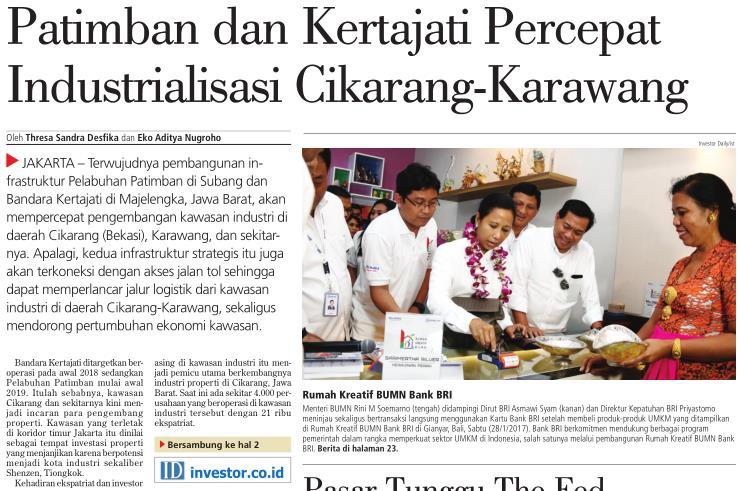 Patimban dan Kertajati Percepat Industrialisasi Cikarang-Karawang Media Investor Daily (Halaman, 1) Tanggal Januari 2017
