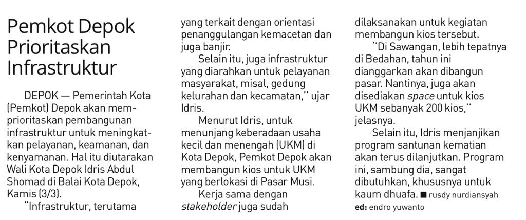 Judul Pemkot Depok Prioritaskan Infrastruktur Tanggal Media Koran Republika (Halaman 22) Pemkot Depok
