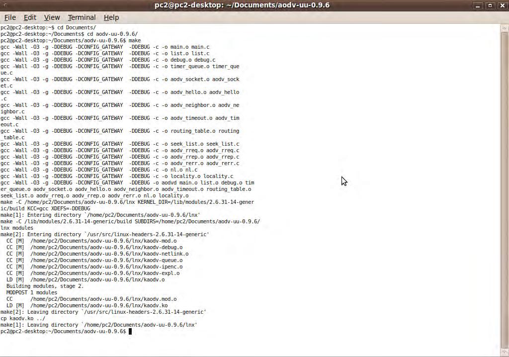 Gambar 3.6 Install AODV-UU 0.9.6 dari terminal (Konsole) 3.