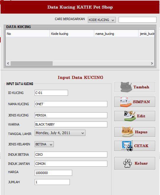 137 \ Gambar 5.12. Form Data Kucing 7. Form Data Kandang Form Data Kandang terdapat pada menu Data Master, Form ini berfungsi untuk mengolah data kandang.