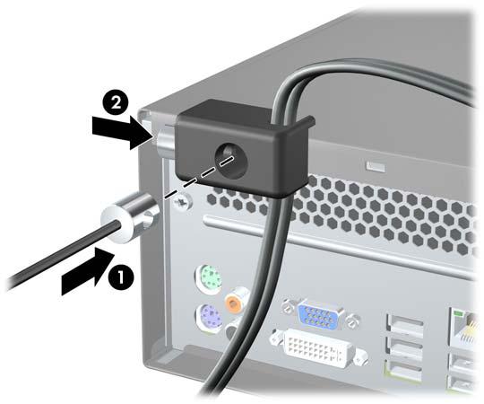 4. Masukkan ujung konektor kabel keamanan ke kunci (1), kemudian tekan tombol (2) agar terkunci.