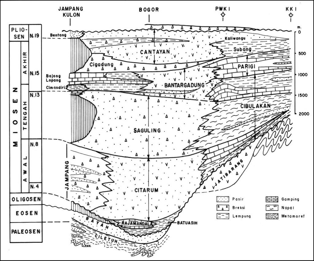 S U Gambar 2.2 Stratigrafi umum Cekungan Bogor berdasarkan penampang stratigrafi berarah U-S di Jawa Barat (Martodjojo, 1984).