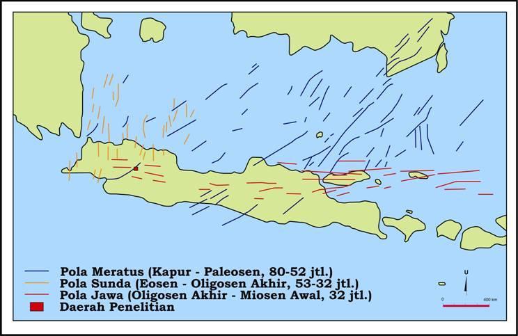 berumur Eosen-Oligosen Akhir. Kenampakan pola ini di Jawa Barat diwakili oleh kelurusan Ciletuh-Kepulauan Seribu.
