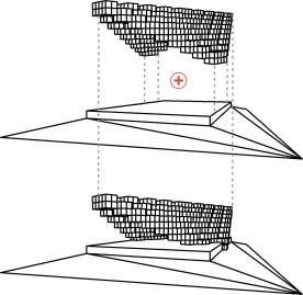 Perubahan selanjutnya dengan memutar posisi prisma pada tapak dan memotong bagian dalam bentuk prisma yang telah diubah. Perubahan bentuk kedua dibagi dengan kotak-kotak berukuran 7 m x 7 m.