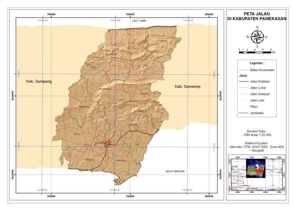 Berdasarkan Tabel 6, Sejumlah 17,6 Km dari total 51,7 Km panjang jalan kolektor Kabupaten Pamekasan, tersedia di pesisir utara, sementara dalam jumlah yang hampir sama 19,4 Km terdistribusi di