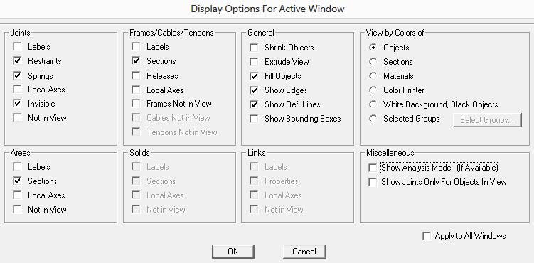 pada model bisa dilakukan lewat menu View Set Display Options [Ctrl + W] pada kotak dialog yang muncul pada bagian Frame, Cables, Tendons aktifkan pilihan Sections (untuk nama penampang balok dan