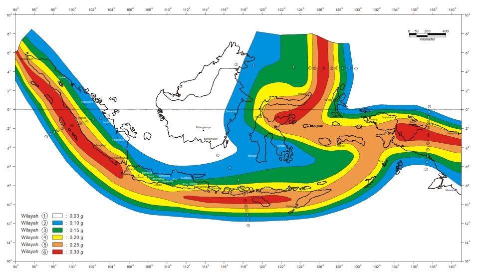 BAB 6. ANALISIS GEMPA DINAMIK (RESPONSE SPEKTRUM) Penentuan wilayah gempa disesuaikan dengan lokasi kota/ daerah pada peta Wilayah Gempa Indonesia (Gambar 1, Pasal 4.7.1 SNI 03-1726-2002).
