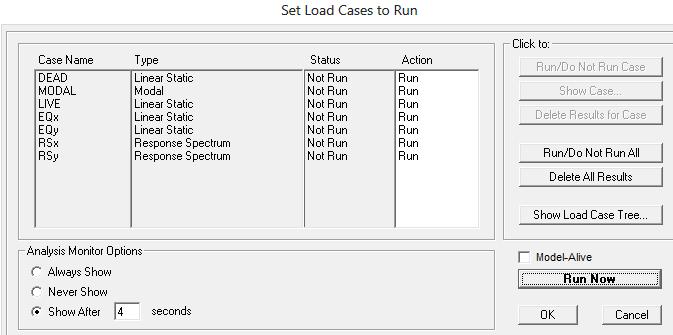 Pilih menu Analize Run Analysis Untuk analisis gempa dinamik contoh ini membutuhkan analisis Modal, sehingga perlu diaktifkan terlebih dahulu karena dalam contoh analisis statik sebelumnya sementara
