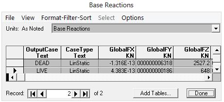 Lakukan cara yang sama seperti saat menampilkan tabel output gaya geser dasar (base shear), namun saat memilih tipe beban (Select Load Case) dipiiih tipe DEAD dan LIVE saja.