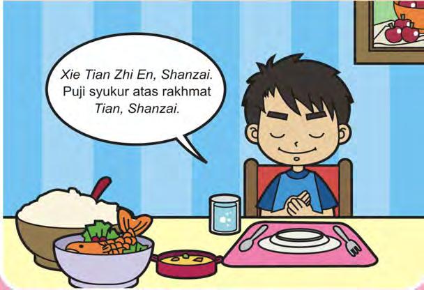 Kita berdoa sebelum makan. Kita berterima kasih kepada Tian. Tian memberi rezeki kepada orang tua. Kita dapat makan dengan kenyang.