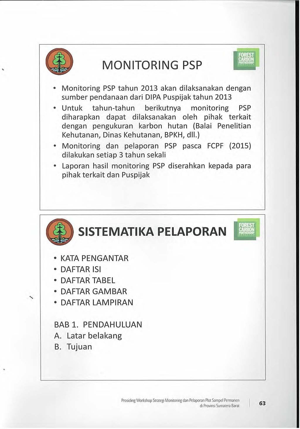 MONITORING PSP Monitoring PSP tahun 2013 akan dilaksanakan dengan sumber pendanaan dari DIPA Puspijak tahun 2013 Untuk tahun-tahun berikutnya monitoring PSP diharapkan dapat dilaksanakan oleh pihak