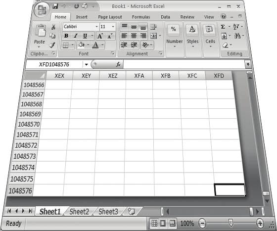 Excel 2007 sekarang memiliki kapasitas yang berlipat dibanding Excel 2003 ke belakang. Gambar 1-12: Kapasitas isi sebuah worksheet ditingkatkan 1024 kali lebih besar.