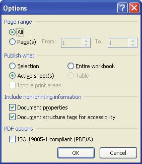 Gambar 1-16: Kotak dialog untuk menentukan opsi-opsi penyimpanan File Workbook untuk dikonversi menjadi berformat PDF.