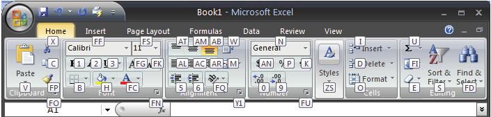 Setelah menekan Alt pada tombol Microsoft Office, Quick Access Toolbar serta tab-tab ditampilkan karakter-karakter, baik berupa abjad maupun numerik.
