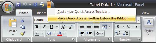 Gambar 1-10: Memindahkan letak Quick Access Toolbar di bawah Ribbon.