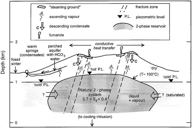 Gambar III.4. Model konseptual yang sudah disederhanakan untuk sistem panasbumi yang memiliki dua fase fluida pada reservoarnya (natural two-phase system) menurut Hochstein & Browne (2000) Gambar III.
