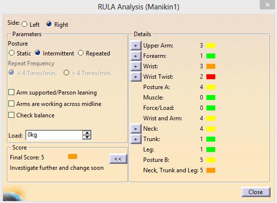 Pada gambar diatas dapat dilihat postur kerja operator pengoperasian Haas Control Simulator. Hasil dari penilaian RULA terhadap postur kerja operator dapat dilihat pada Tabel I.
