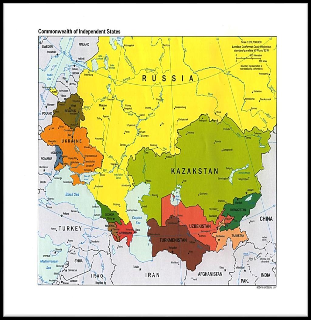 Kazakhstan, Kirgistan, Moldova, Rusia, Tajikistan, Turkmenistan, Uzbekistan dan Ukraina. Berikut gambaran peta dari Rusia dan Asia Tengah: Gambar 2.1 Peta Rusia dan Asia Tengah Sumber : http://www.