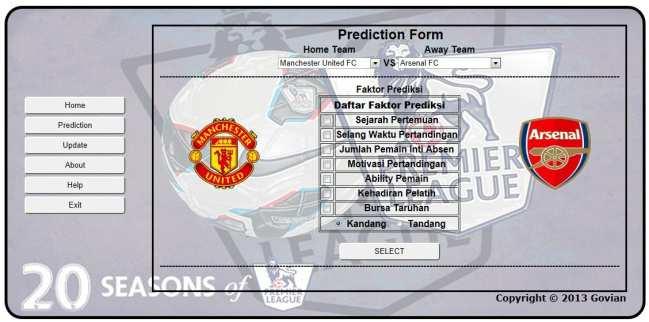 Gambar 3 Tampilan Form Home 2. Form Prediction Form ini merupakan form yang digunakan untuk melakukan prediksi terhadap pertandingan sepak bola.